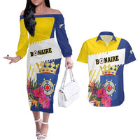 Personalised British Leeward Islands Couples Matching Off The Shoulder Long Sleeve Dress and Hawaiian Shirt Tropical Flower Grunge Style