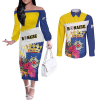 Personalised British Leeward Islands Couples Matching Off The Shoulder Long Sleeve Dress and Long Sleeve Button Shirt Tropical Flower Grunge Style