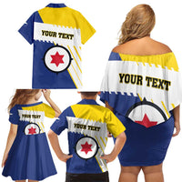 Personalised British Leeward Islands Family Matching Off Shoulder Short Dress and Hawaiian Shirt Tropical Flower Grunge Style