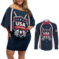 Custom USA 2025 Lacrosse Couples Matching Off Shoulder Short Dress and Long Sleeve Button Shirt USA Growing the Game Blue Version