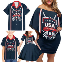 Custom USA 2025 Lacrosse Family Matching Off Shoulder Short Dress and Hawaiian Shirt USA Growing the Game Blue Version