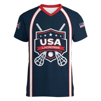 Custom USA 2025 Lacrosse Women V-Neck T-Shirt USA Growing the Game Blue Version