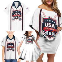 Custom USA 2025 Lacrosse Family Matching Off Shoulder Short Dress and Hawaiian Shirt USA Growing the Game White Version
