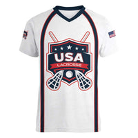 Custom USA 2025 Lacrosse Women V-Neck T-Shirt USA Growing the Game White Version