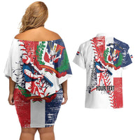 Personalized Baseball Dominican Republic Couples Matching Off Shoulder Short Dress and Hawaiian Shirt Come On Team DR Grunge Style