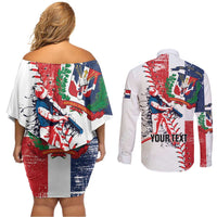 Personalized Baseball Dominican Republic Couples Matching Off Shoulder Short Dress and Long Sleeve Button Shirt Come On Team DR Grunge Style