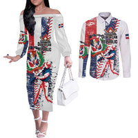 Personalized Baseball Dominican Republic Couples Matching Off The Shoulder Long Sleeve Dress and Long Sleeve Button Shirt Come On Team DR Grunge Style