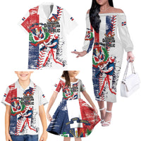 Personalized Baseball Dominican Republic Family Matching Off The Shoulder Long Sleeve Dress and Hawaiian Shirt Come On Team DR Grunge Style