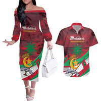 Personalized Maldives Independence Day 1965 Couples Matching Off The Shoulder Long Sleeve Dress and Hawaiian Shirt Dhivehi Raajjeyge Jumhooriyyaa - Wonder Print Shop