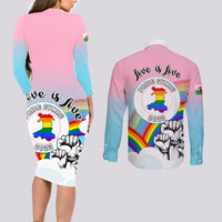 Pride Cymru Couples Matching Long Sleeve Bodycon Dress and Long Sleeve Button Shirts Welsh Dragon Rainbow Version - Wonder Print Shop