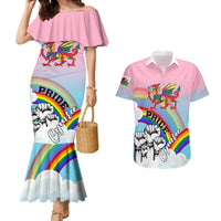 Pink off-shoulder mermaid dress with ruffled neckline and Pride Cymru rainbow dragon print