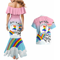 Pink off-shoulder mermaid dress and matching Hawaiian shirt with Pride Cymru 2023 rainbow art