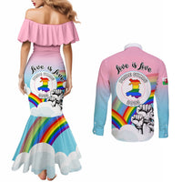 Pink mermaid dress and long-sleeve button shirts with rainbow pride back graphic
