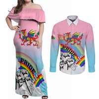 Off-shoulder pink maxi dress and button-up shirt set with rainbow pride graphics