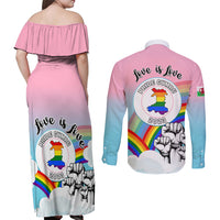 Back view: pink off-shoulder maxi dress and button-up shirt set with love is love print