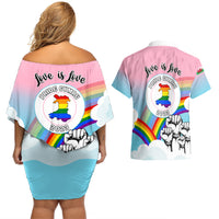 Pride Cymru Couples Matching Off Shoulder Short Dress and Hawaiian Shirt Welsh Dragon Rainbow Version - Wonder Print Shop