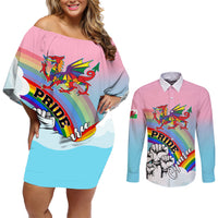 Pride Cymru Couples Matching Off Shoulder Short Dress and Long Sleeve Button Shirts Welsh Dragon Rainbow Version - Wonder Print Shop