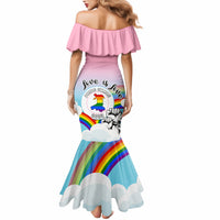 Pink off-shoulder mermaid dress with rainbow skirt and Pride graphic, back view