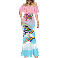 Pink off-shoulder mermaid dress with Welsh dragon rainbow print and cloud hem