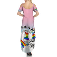Pink-to-blue rainbow maxi dress with halter straps and Pride dragon print