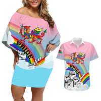 Personalised Pride Cymru Couples Matching Off Shoulder Short Dress and Hawaiian Shirt Welsh Dragon Rainbow Version - Wonder Print Shop
