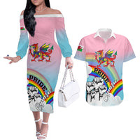 Personalised Pride Cymru Couples Matching Off The Shoulder Long Sleeve Dress and Hawaiian Shirt Welsh Dragon Rainbow Version - Wonder Print Shop