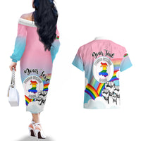 Personalised Pride Cymru Couples Matching Off The Shoulder Long Sleeve Dress and Hawaiian Shirt Welsh Dragon Rainbow Version - Wonder Print Shop