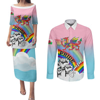 Gradient pink-to-blue pride dress with Welsh dragon and matching long-sleeve button shirt