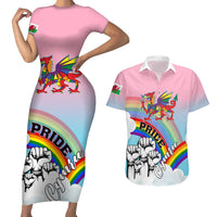 Personalised Pride Cymru Couples Matching Short Sleeve Bodycon Dress and Hawaiian Shirt Welsh Dragon Rainbow Version - Wonder Print Shop