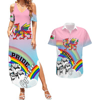 Personalised Pride Cymru Couples Matching Summer Maxi Dress and Hawaiian Shirt Welsh Dragon Rainbow Version - Wonder Print Shop