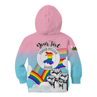 Kids' pink and blue hoodie with rainbow 'Pride Cymru 2023' back print