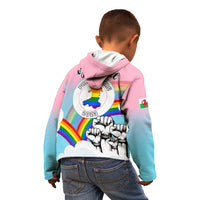 Kids' pink and blue hoodie with rainbow 'Pride Cymru 2023' back print, worn