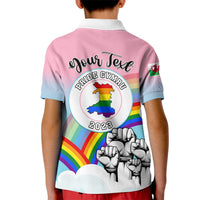 Kids pink polo shirt with Your Text, Pride Cymru 2023 crest and rainbow back print