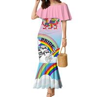 Women’s mermaid dress with off-shoulder ruffle, pink top, rainbow and dragon graphic