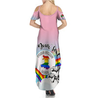 Women's personalised rainbow Pride maxi dress, off-shoulder back with Pride Cymru 2023