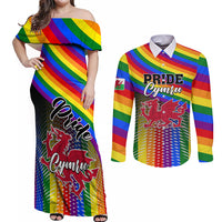 Rainbow off-shoulder maxi dress and long-sleeve button shirt set, Pride Cymru front prints