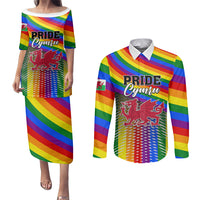 Rainbow Pride Cymru couples dress and button shirt set with Welsh dragon crest