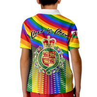 Kids rainbow polo shirt with white collar, Love is Love back and crest emblem