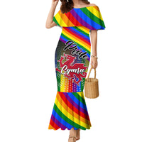 Women’s rainbow off-shoulder mermaid dress with Pride Cymru crest and striped skirt