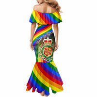 Women’s off-shoulder mermaid dress in rainbow stripes with Love is Love chest print