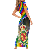 Rainbow short-sleeve bodycon dress with Welsh crest, crown, and dragon print