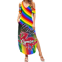 Rainbow striped off-shoulder maxi dress with Pride Cymru 'Love is Love' dragon graphic
