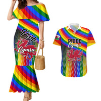 Rainbow off-shoulder mermaid dress and matching Hawaiian shirt with Pride Cymru crest