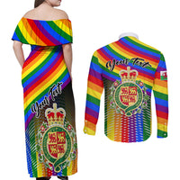 Back view: rainbow off-shoulder maxi dress and long-sleeve button shirt with crest