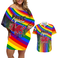 Personalised Pride Cymru Couples Matching Off Shoulder Short Dress and Hawaiian Shirt Love is Love Welsh Red Dragon - Wonder Print Shop