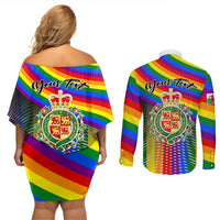 Rainbow striped off-shoulder dress and long-sleeve shirt backs with crest and dragon print