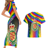 Rainbow Pride Cymru bodycon dress with matching Hawaiian shirt, side view and back