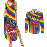 Rainbow Pride Cymru maxi dress and matching rainbow long-sleeve button shirt, Welsh red dragon