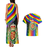 Rainbow sleeveless maxi dress back view with matching Hawaiian shirt, Welsh crest and text