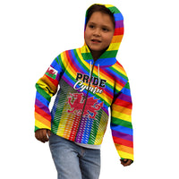 Kids rainbow pride hoodie on child model, front view with Welsh dragon crest graphic
